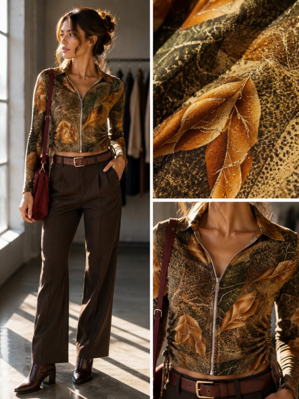 K Liman Brown Orange Leaf Print Ruched Zip Top Fitted Y2K Boho M